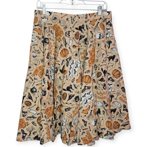 Unique Vintage Women's Retro Cream Halloween Print High Waist Swing Skirt sz XL - Picture 2 of 5